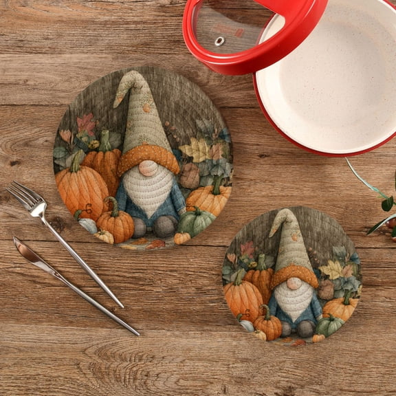Wobogo Fall Gnome Trivets Potholders Set of 2 Cotton Woven Round Hot Plate Mats for Hot Dishes Bowls Teapots