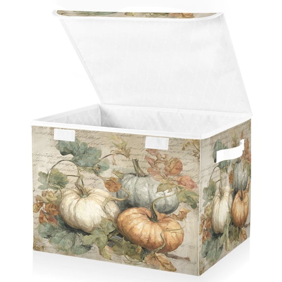 Wobogo Fall Pumpkin Maple Leaf Large Collapsible Storage Box Flip Lid Fabric Decorative Organizer Container Basket with Handles 16.512.611.8in