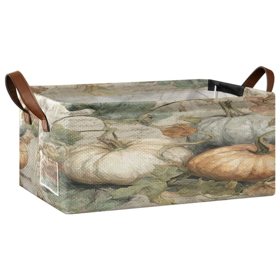 Wobogo Fall Pumpkin Maple Leaf Storage Basket Soccer Plaid Fabric Oversized Collapsible Hoard Box with Metal Iron Frame 16.9×11.4×7.7in