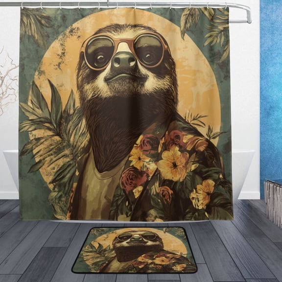 Wobogo Fashion Sloth Pattern Bathroom Shower Curtain Set with Floor Mat and Hooks Ultra Waterproof Visible Slider Beads