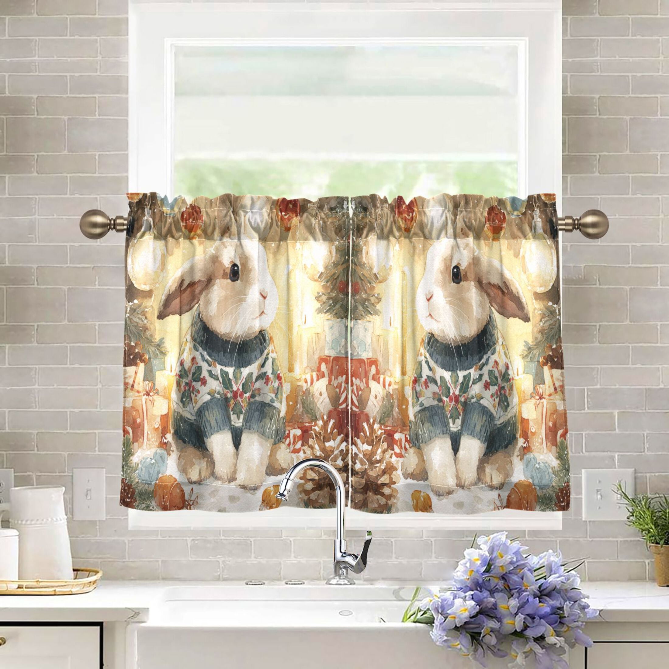 Wobogo Festive Rabbit Kitchen Curtains 2 Piece Set Farmhouse Country ...