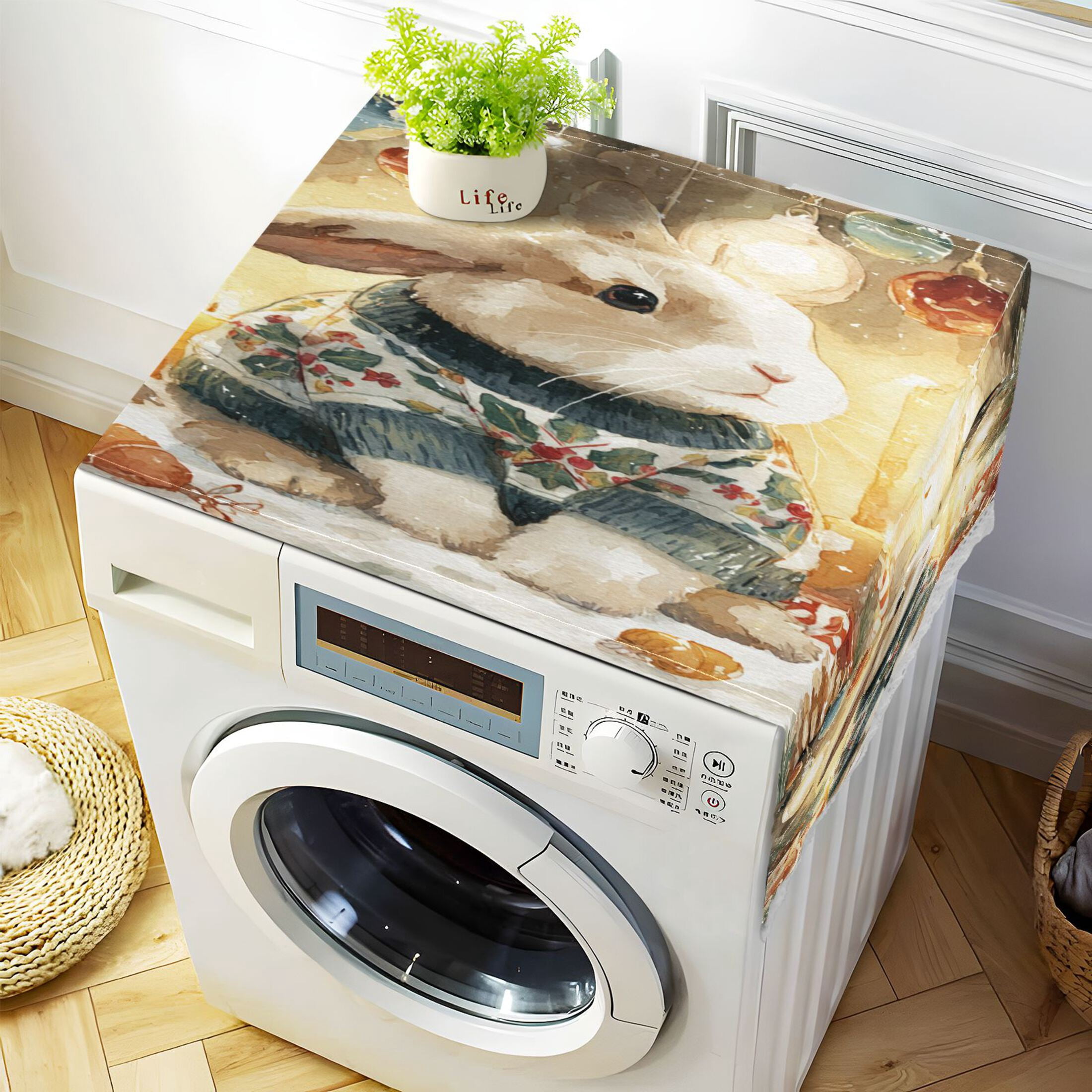 Wobogo Festive Rabbit Washing Machine Cover Dustproof Washer Dryer Cover Waterproof Laundry Room Decorative Protector