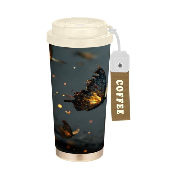 Wobogo Fire Butterfly Double Drinking Coffee Cup Insulated Mug with Food-grade 316 Stainless Steel Beige Lid