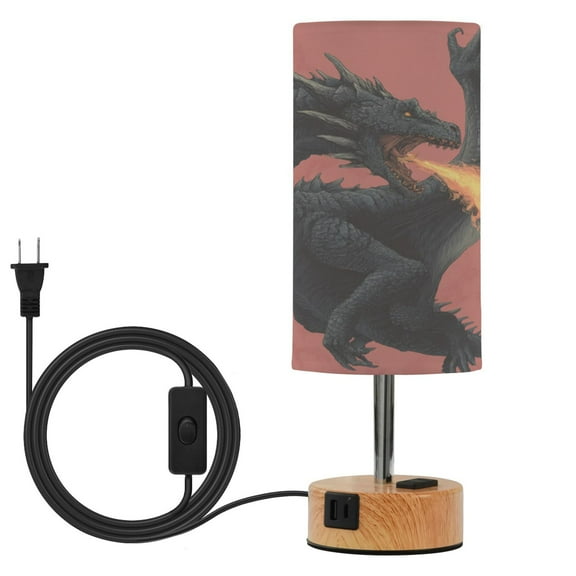Wobogo Fire Dragon Bedside Lamp Touch Control Table Lamp with USB A+C Charging Ports & AC Outlet 3-Way Dimmable Nightstand Lamp with Linen Fabric Shade for Bedroom Living Room