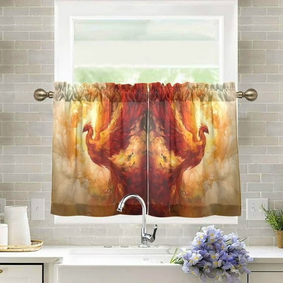 Wobogo Fire Phoenix Pattern Kitchen Curtains 2 Piece Set Farmhouse Country Style Light Filtering Small Window Drapes Suitable for Bathroom Laundry Room and RV 27x24in