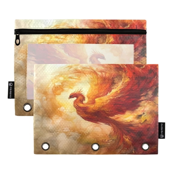 Wobogo Fire Phoenix Pattern Pencil Pouch with 3 Ring Binder Holes Set of 2 for Learning Tools