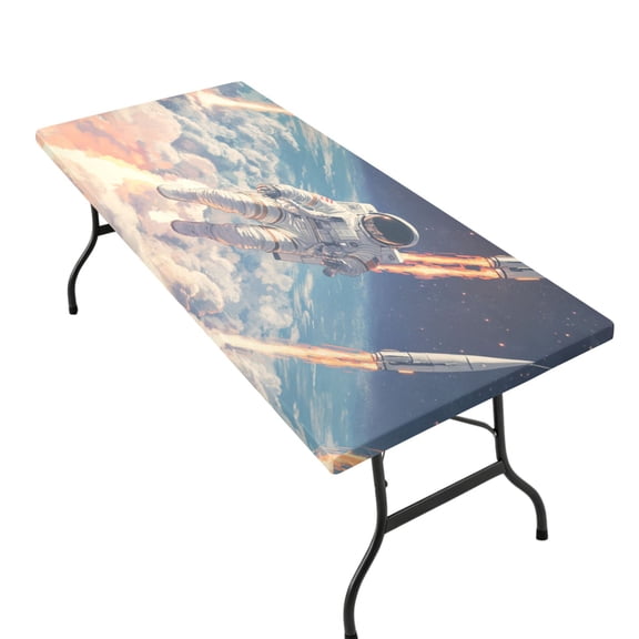 Wobogo Fitted Tablecloth for 6FT ,Astronauts Fly Into Space Table Stretch Elastic Table Cover for Indoor Outdoor Party Picnic