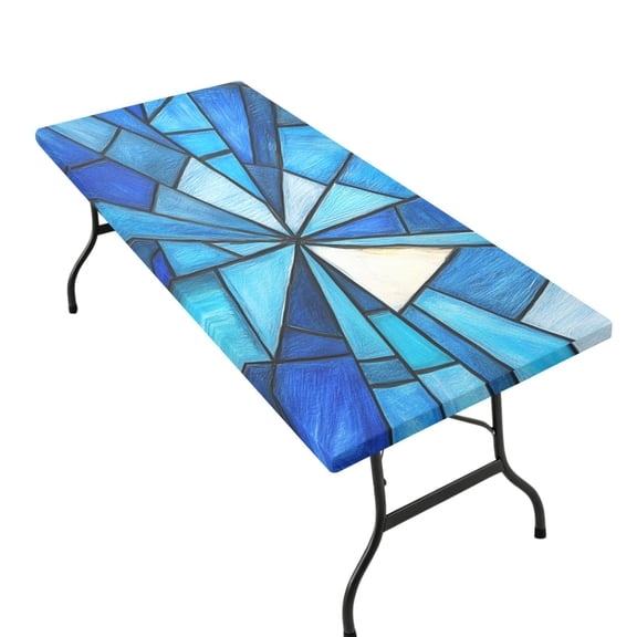 Wobogo Fitted Tablecloth for 6FT ,Blue Irregular Glass Table Stretch Elastic Table Cover for Indoor Outdoor Party Picnic