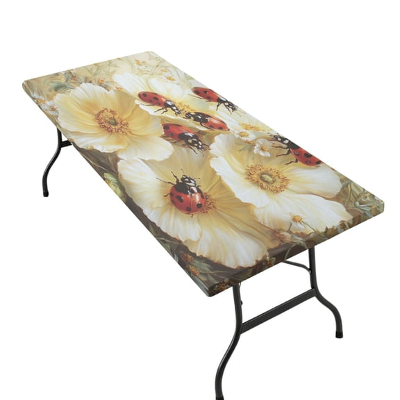 Wobogo Fitted Tablecloth for 6FT ,Ladybugs Picking Flowers Table Stretch Elastic Table Cover for Indoor Outdoor Party Picnic