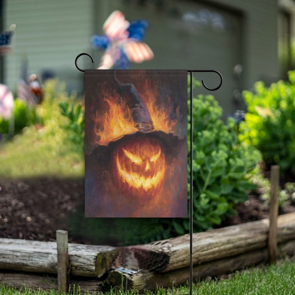 Wobogo Flaming Pumpkin Garden Flag 12×18 Inch Double Sided For Outdoor Yard Decoration