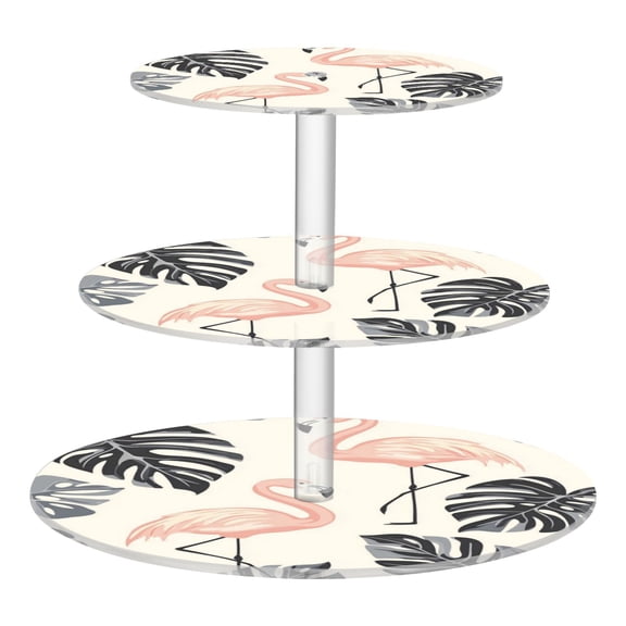 Wobogo Flamingo Monstera Leaves Pattern 3 Tier Acrylic Cake Stand with Clear Round Hold for Wedding Holiday Birthday Baby Shower Tea Party