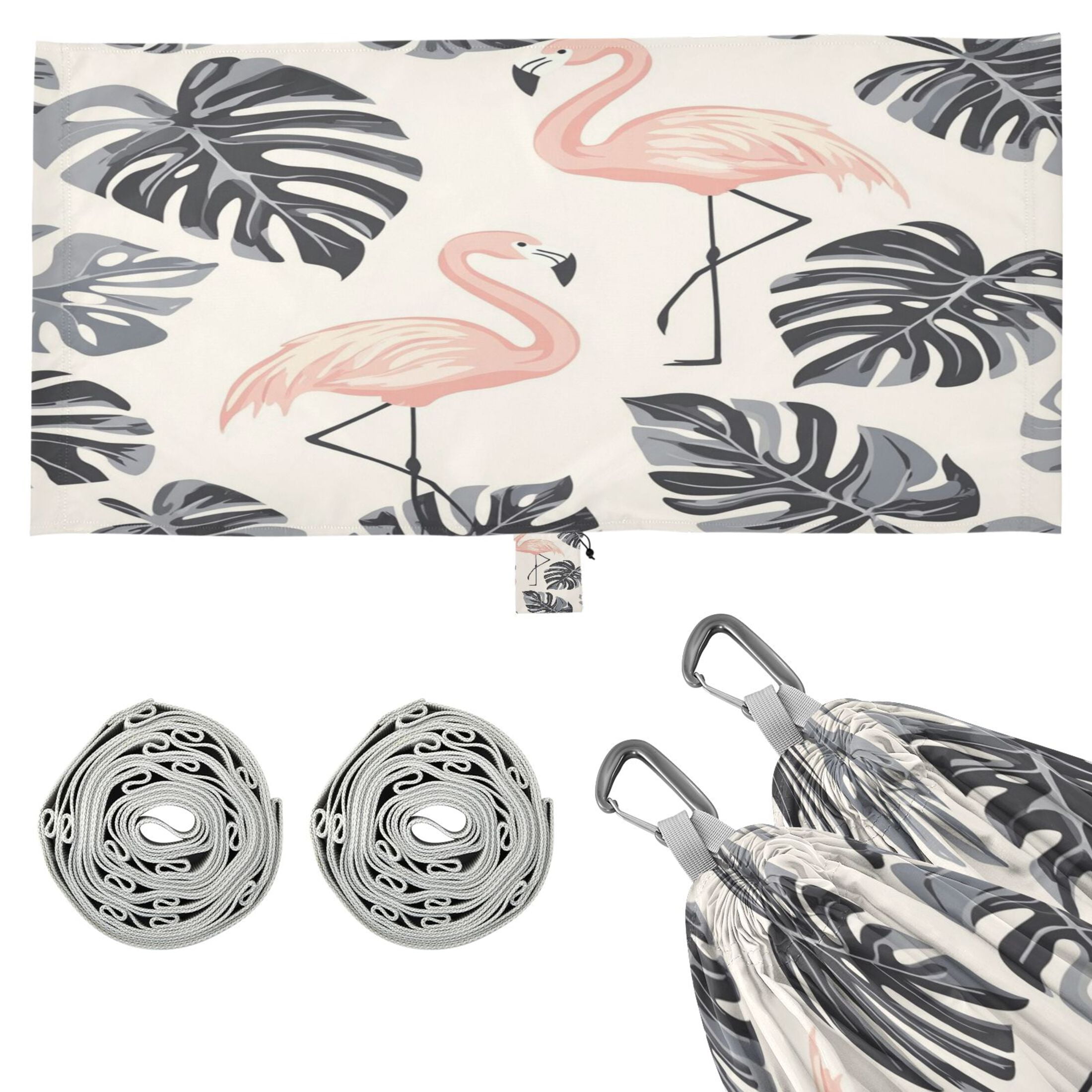 Wobogo Flamingo Monstera Leaves Pattern Camping Hammocks 330 lb Capacity with Tree Straps and Hanging Pockets for Outside Hiking Beach Backpack Travel