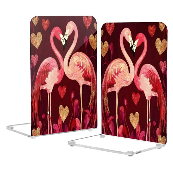 Wobogo Flamingos in Love Pattern Acrylic Bookends Clear L-Shaped Book Holder with Non-Slip Pads for Books Files Magazines CD DVD 5.44.18.1in