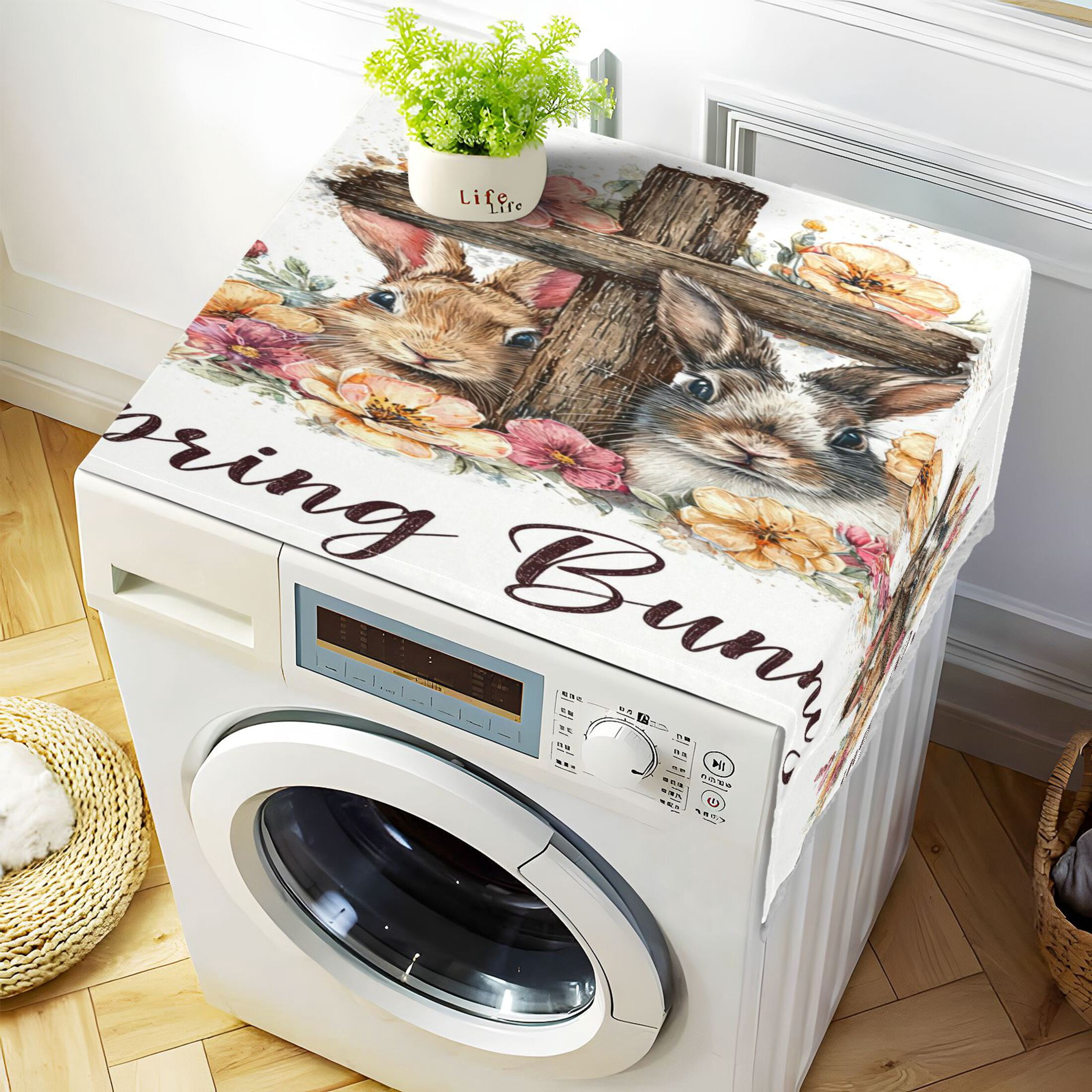 Wobogo Floral Bunny Cross Washing Machine Cover Dustproof Washer Dryer Cover Waterproof Laundry Room Decorative Protector
