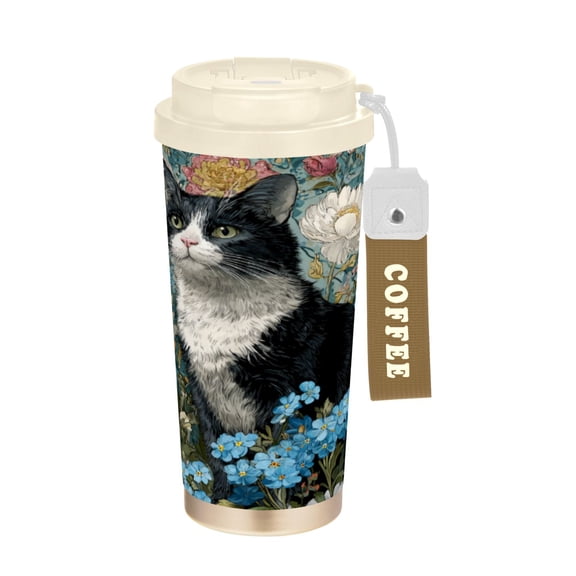 Wobogo Floral Sea Cat Double Drinking Coffee Cup Insulated Mug with Food-grade 316 Stainless Steel Beige Lid