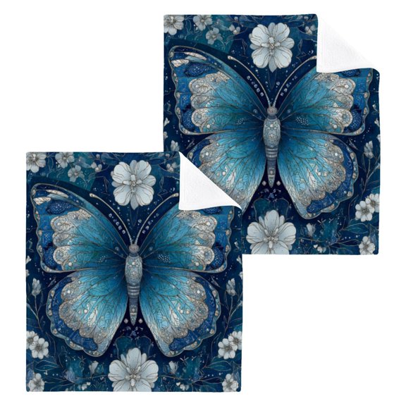 Wobogo Flower Large Butterfly Square Cotton Towel Set of 2 Soft and Skin-friendly with Good Absorbency 12×12in
