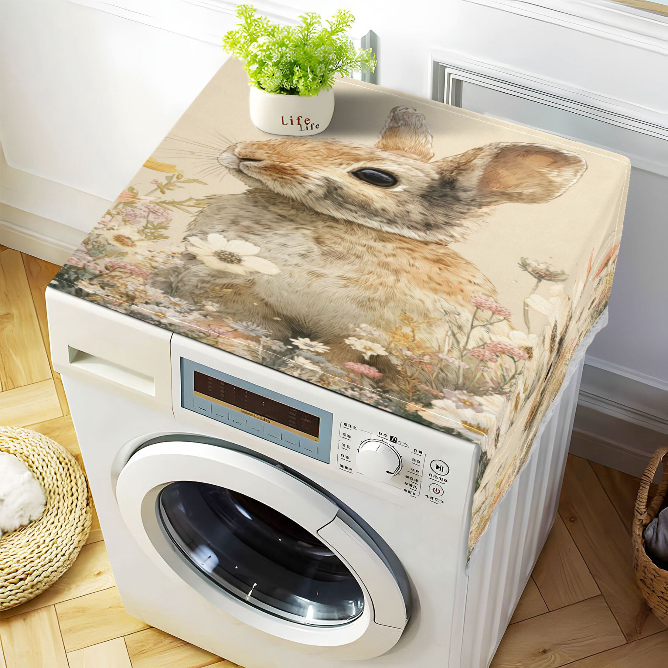 Wobogo Flowers Rabbit Washing Machine Cover Dustproof Washer Dryer Cover Waterproof Laundry Room Decorative Protector