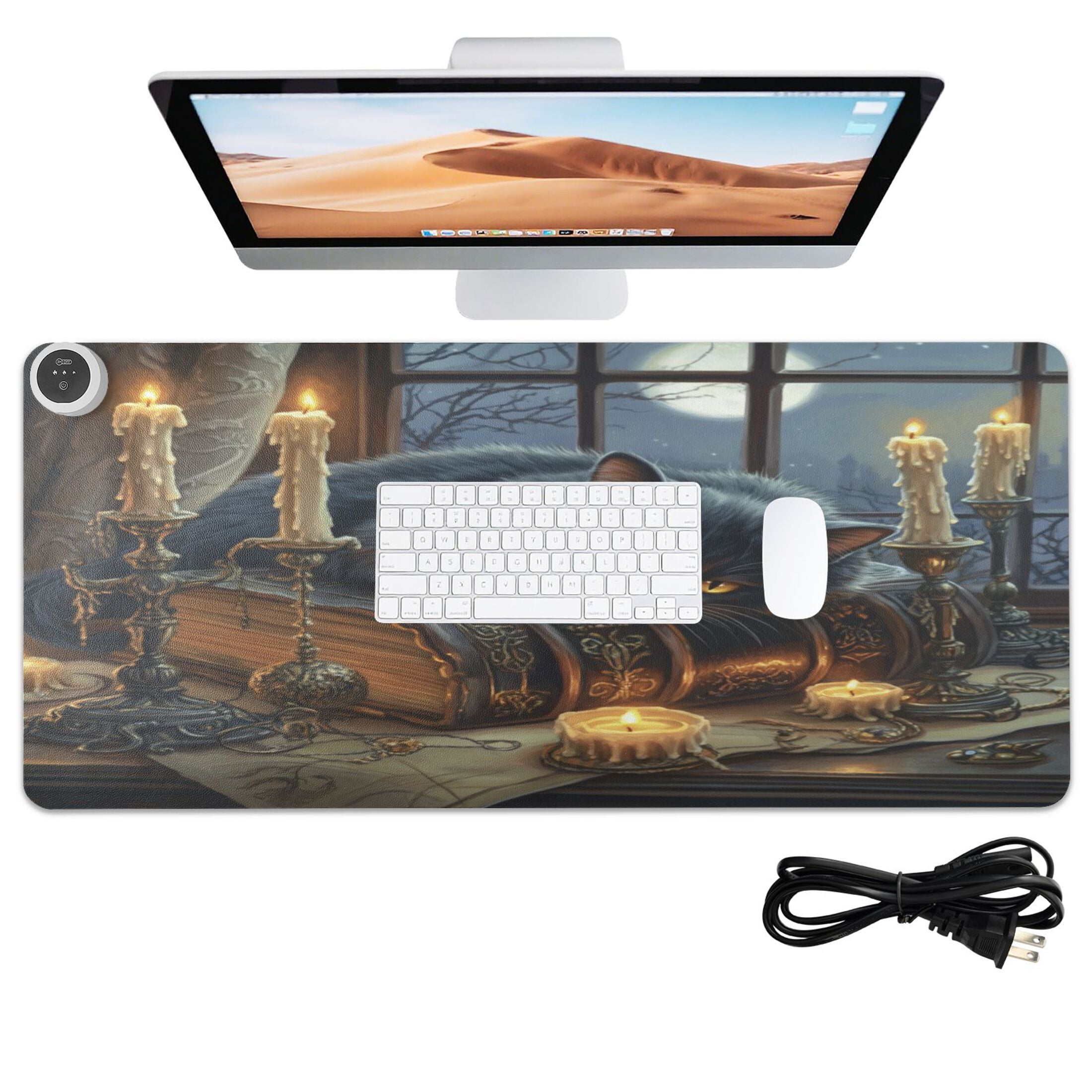 Wobogo Fluffy Black Cat Heated Mouse Pad Extra-Large Desk Mat With 3 Heating Levels and 3-hour Auto Shut-Off Protection Ideal for Computer Keyboards Home Office Hand-warming Essential 31.5in × 13in