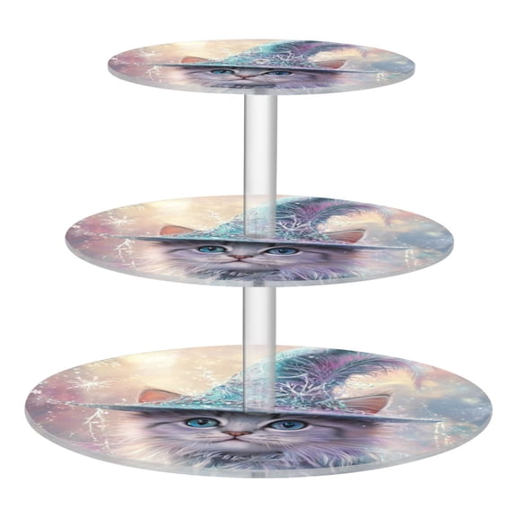 Wobogo Fluffy Cat Wearing A Magic Hat 3 Tier Acrylic Cake Stand with Clear Round Hold for Wedding Holiday Birthday Baby Shower Tea Party