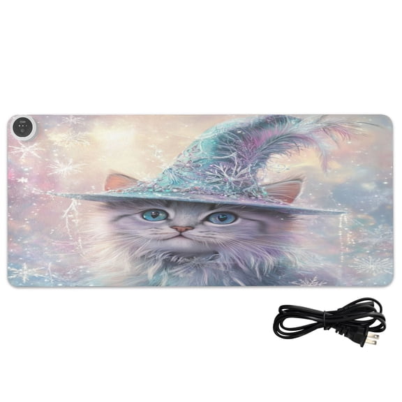 Wobogo Fluffy Cat Wearing A Magic Hat Heated Mouse Pad With 3 Heating Levels and 3-hour Auto Shut-Off Protection Ideal for Computer Keyboards Home Office Hand-warming Essential