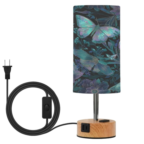 Wobogo Fluorescent Blue Butterfly Bedside Lamp Touch Control Table Lamp with USB A+C Charging Ports & AC Outlet 3-Way Dimmable Nightstand Lamp with Linen Fabric Shade for Bedroom Living Room