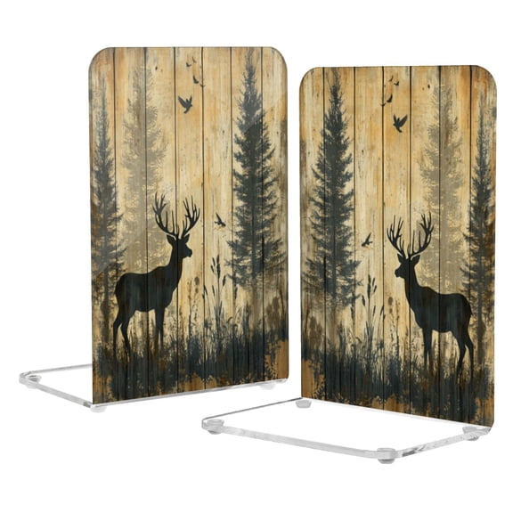 Wobogo Forest Deer Shadow Acrylic Bookends Clear L-Shaped Book Holder with Non-Slip Pads for Books Files Magazines CD DVD 5.44.18.1in
