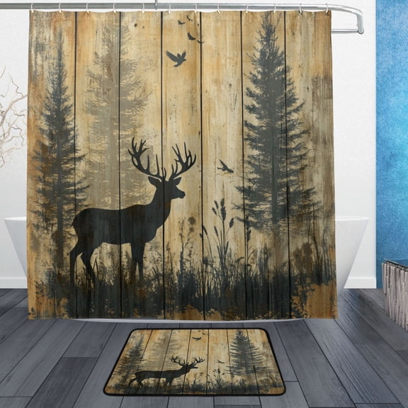 Wobogo Forest Deer Shadow Bathroom Shower Curtain Set with Floor Mat and Hooks Ultra Waterproof Visible Slider Beads