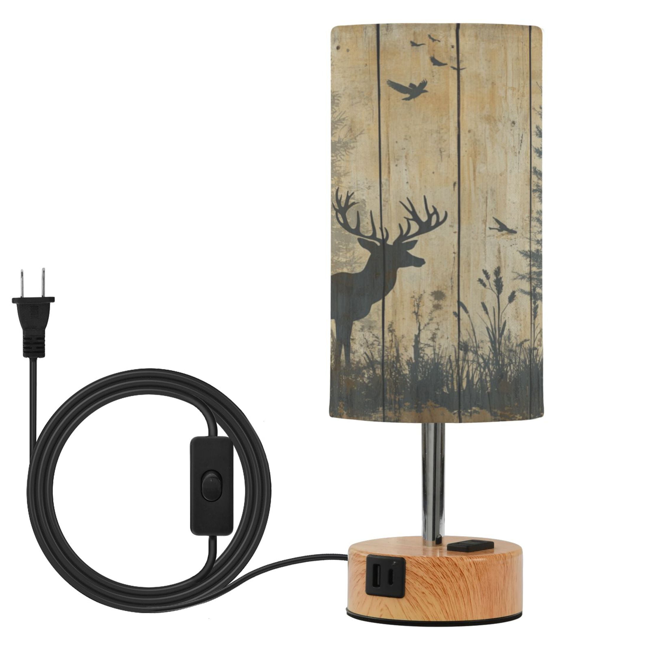 Wobogo Forest Deer Shadow Bedside Lamp Touch Control Table Lamp with USB A+C Charging Ports & AC Outlet 3-Way Dimmable Nightstand Lamp with Linen Fabric Shade for Bedroom Living Room