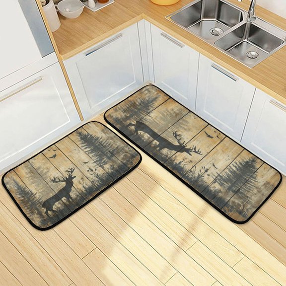 Wobogo Forest Deer Shadow Kitchen Carpet Set of 2 Absorbent and Stain Resistant Non-slip Star Rubber Backing