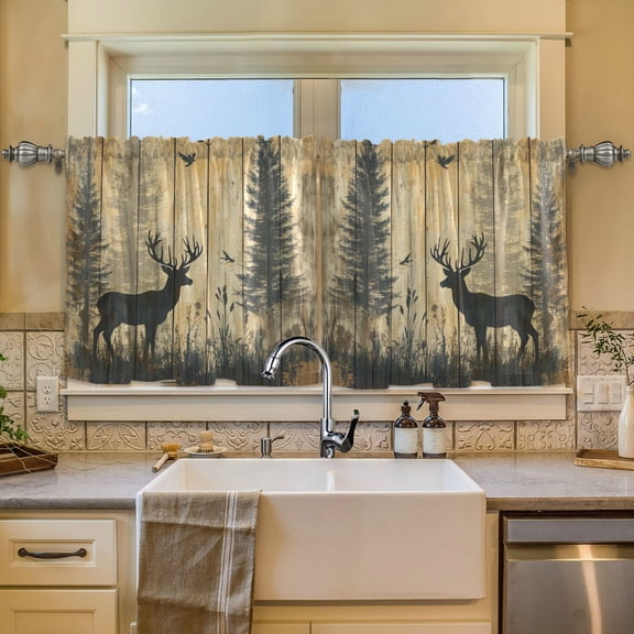 Wobogo Forest Deer Shadow Kitchen Curtains 2 Piece Set Symmetrical Design Light Filtering Small Window Drapes Suitable for Bathroom Laundry Room and RV 57x36in