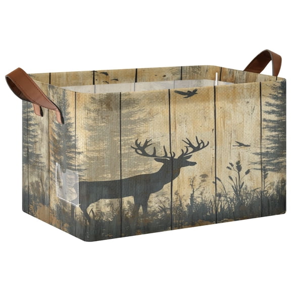 Wobogo Forest Deer Shadow Storage Basket 16.9×11.4×10in Collapsible Oversized with Metal Iron Frame