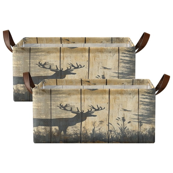 Wobogo Forest Deer Shadow Storage Basket Soccer Plaid Fabric Oversized Collapsible Hoard Box with Metal Iron Frame Two Piece Set 16.9×11.4×7.7in