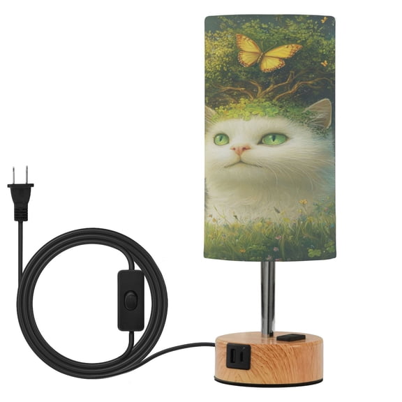 Wobogo Forest White Cat Bedside Lamp Touch Control Table Lamp with USB A+C Charging Ports & AC Outlet 3-Way Dimmable Nightstand Lamp with Linen Fabric Shade for Bedroom Living Room