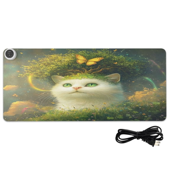 Wobogo Forest White Cat Heated Mouse Pad Extra-Large Desk Mat With 3 Heating Levels and 3-hour Auto Shut-Off Protection Ideal for Computer Keyboards Home Office Hand-warming Essential 31.5in  13in