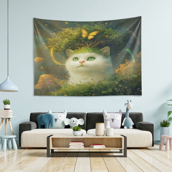 Wobogo Forest White Cat Tapestry 60×40in Home Living Room Bedroom Wall Hanging Ornaments