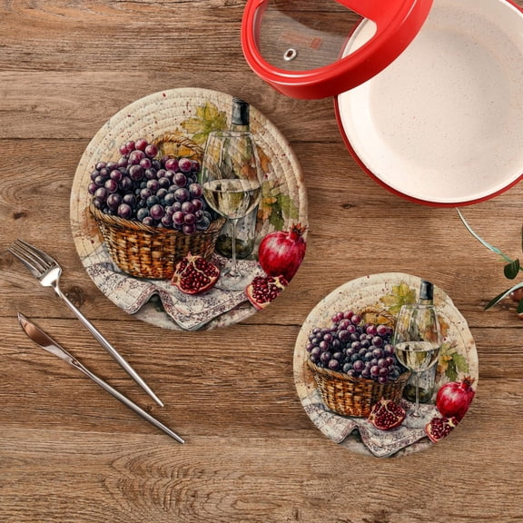 Wobogo Fruit Basket with White Wine Trivets Potholders Set of 2 Cotton Woven Round Hot Plate Mats for Hot Dishes Bowls Teapots