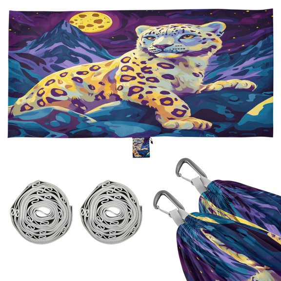 Wobogo Full Moon Snow Leopard Camping Hammocks 330 lb Capacity with Tree Straps and Hanging Pockets for Outside Hiking Beach Backpack Travel