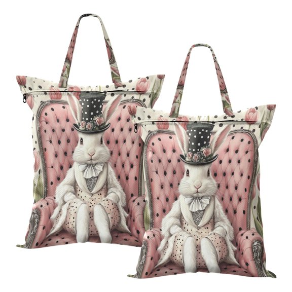 Wobogo Gentleman White Rabbit Travel Laundry Bag Dirty Clothes Organizer Top Handle Strap Design Suitable for Beach Camping Dormitory Bathrooms