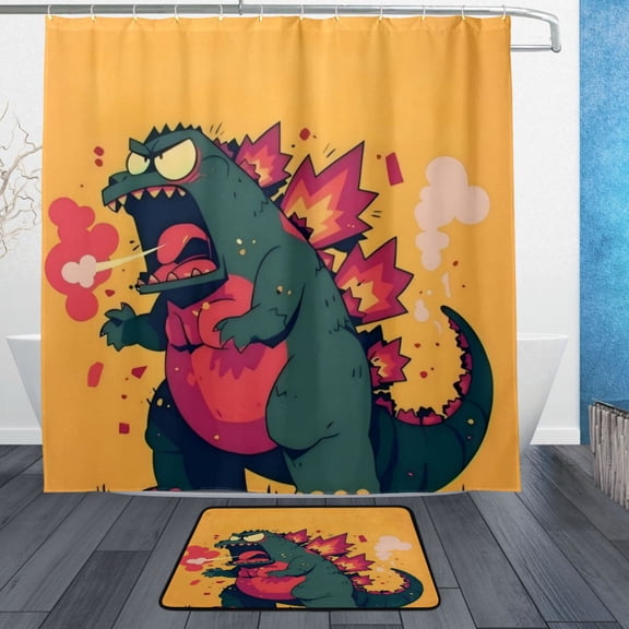 Wobogo Giant Dinosaur Bathroom Shower Curtain Set with Floor Mat and Hooks Ultra Waterproof Visible Slider Beads