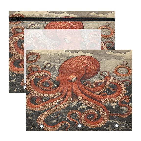 Wobogo Giant Octopus A4 Size Clear Polyester File Pocket Set of 2 Zipper Home Work Office Organizer