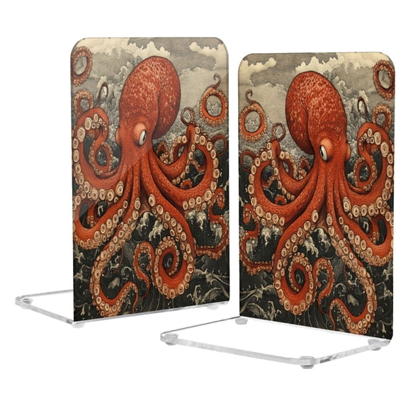 Wobogo Giant Octopus Acrylic Bookends Clear L-Shaped Book Holder with Non-Slip Pads for Books Files Magazines CD DVD 5.44.18.1in