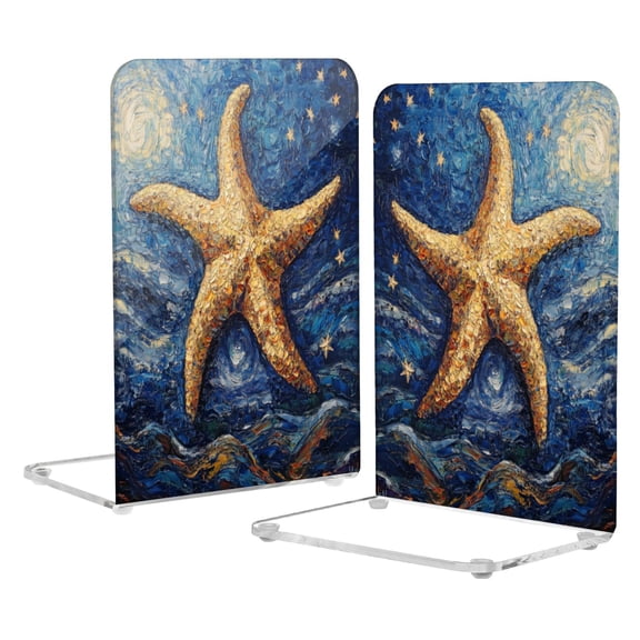 Wobogo Giant Starfish Oil Painting Acrylic Bookends Clear L-Shaped Book Holder with Non-Slip Pads for Books Files Magazines CD DVD 5.44.18.1in