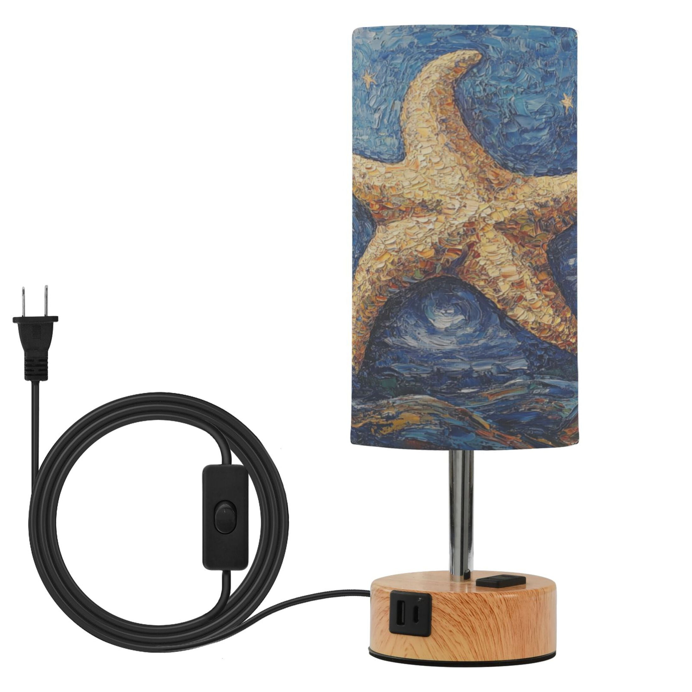 Wobogo Giant Starfish Oil Painting Bedside Lamp Touch Control Table Lamp with USB A+C Charging Ports & AC Outlet 3-Way Dimmable Nightstand Lamp with Linen Fabric Shade for Bedroom Living Room
