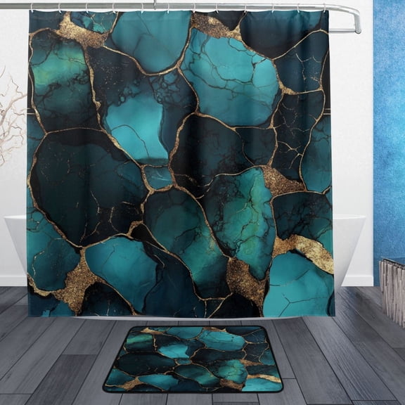 Wobogo Gild Dark Green Marble Bathroom Shower Curtain Set with Floor Mat and Hooks Ultra Waterproof Visible Slider Beads