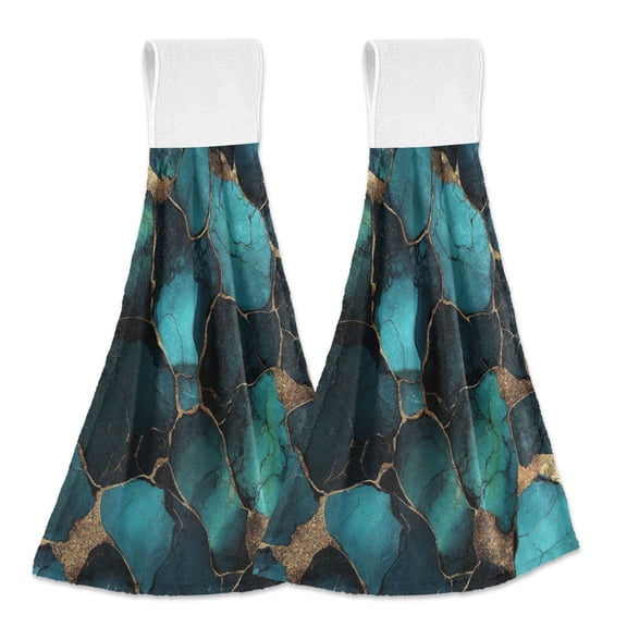 Wobogo Gild Dark Green Marble Hand Towel Set of 2 Absorbent for Kitchen and Bathroom With Velcro Hanging Loop 18.2×14in