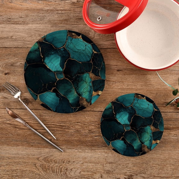 Wobogo Gild Dark Green Marble Trivets Potholders Set of 2 Cotton Woven Round Hot Plate Mats for Hot Dishes Bowls Teapots