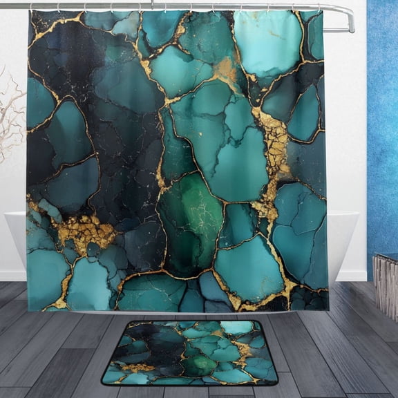Wobogo Gild Dark Green Marbles Bathroom Shower Curtain Set with Floor Mat and Hooks Ultra Waterproof Visible Slider Beads