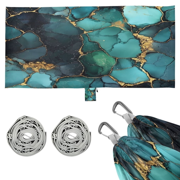 Wobogo Gild Dark Green Marbles Camping Hammocks 330 lb Capacity with Tree Straps and Hanging Pockets for Outside Hiking Beach Backpack Travel