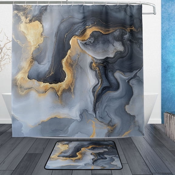 Wobogo Gilt Gray Patterns Bathroom Shower Curtain Set with Floor Mat and Hooks Ultra Waterproof Visible Slider Beads