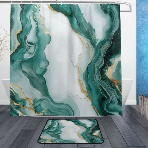 Wobogo Gilt Green Marble Bathroom Shower Curtain Set with Floor Mat and Hooks Ultra Waterproof Visible Slider Beads